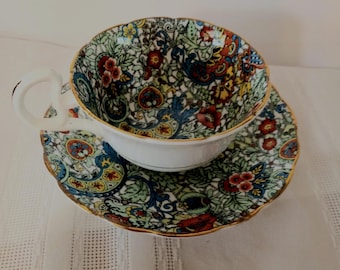 Tasse à thé et soucoupe Radfords Bone China vintage : motif floral cachemire chintz, or 22 carats, Angleterre