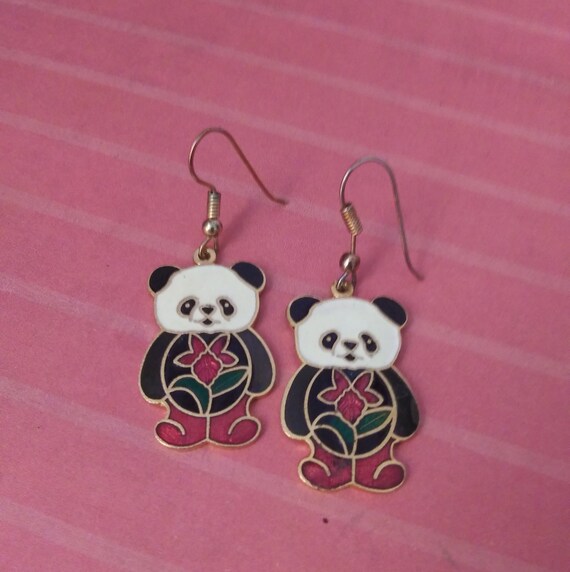 Cloisonne Panda Bear Earrings on Goldplated Base … - image 10