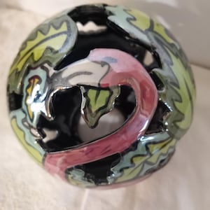 Hand-Painted Ceramic Flamingo Sphere: Iridescent Pottery Tealight Holder