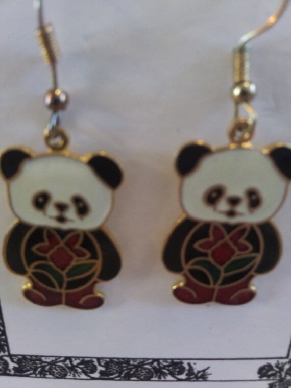 Cloisonne Panda Bear Earrings on Goldplated Base … - image 7