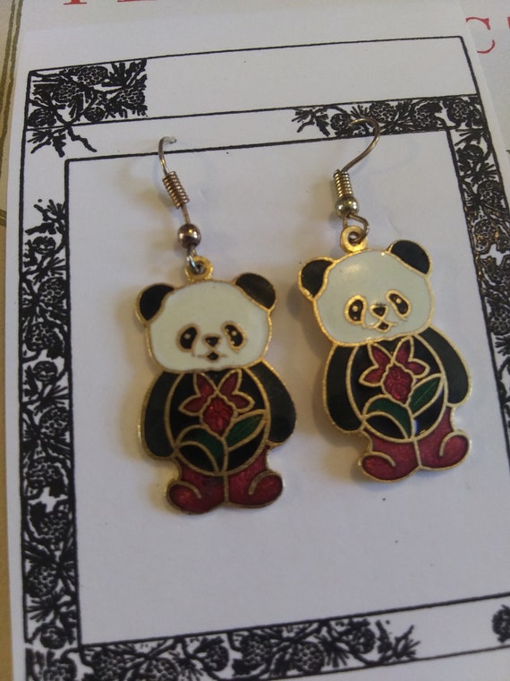 Cloisonne Panda Bear Earrings on Goldplated Base … - image 2