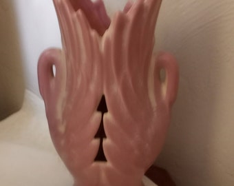 Vintage Haeger Pink Swans Handle Vase with Cut-Out Feature, Art Deco Styling, Midcentury Modern, 1969