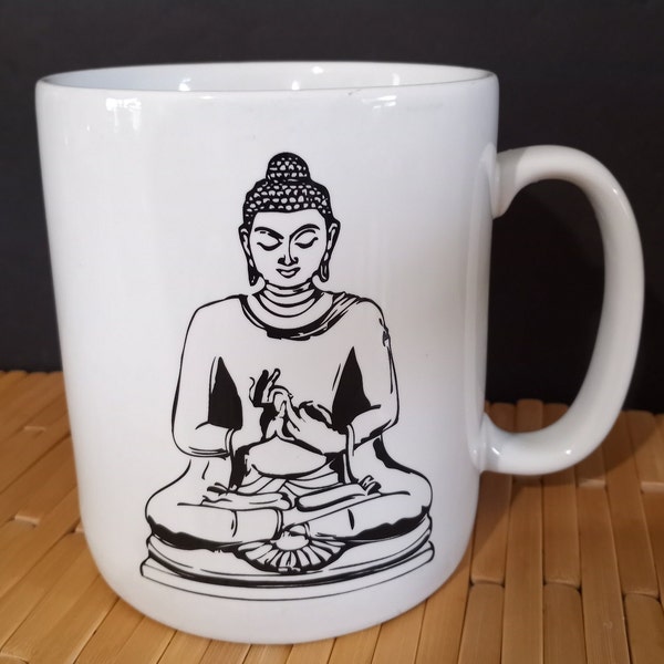 Vtg Buddha Fine Porcelain Large 24 oz Ceramic Coffee Mug or Tea Mug; Buddhist Quote on Back (See Photos) Indonesia for Coventry, 1980s -90s