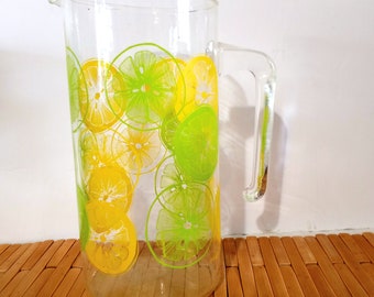 Pichet design citrons et citrons verts en verre Pyrex, pichet à limonade en verre trempé, pichet pour accessoires de bar, 7,5 pouces de haut, fabriqué aux États-Unis, années 1970-80