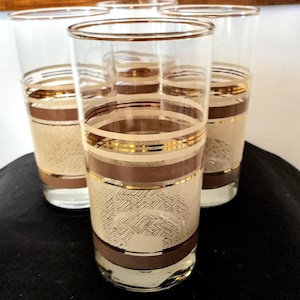Vtg Midcentury MCM Libbeys Manhattan Elite Set of 4 Highball Barware Glasses, Drinking Glasses, Juice Glasses, 22K Gold Accents, USA, 1970s