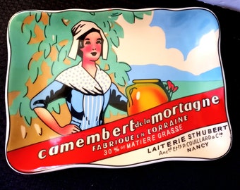 Vtg Ceramic Transfer Design French  Camembert de la Mortagne Cheese Graphic Ad Serving Tray, CheeseTray, Trinket Tray, Unmarked, 1990s