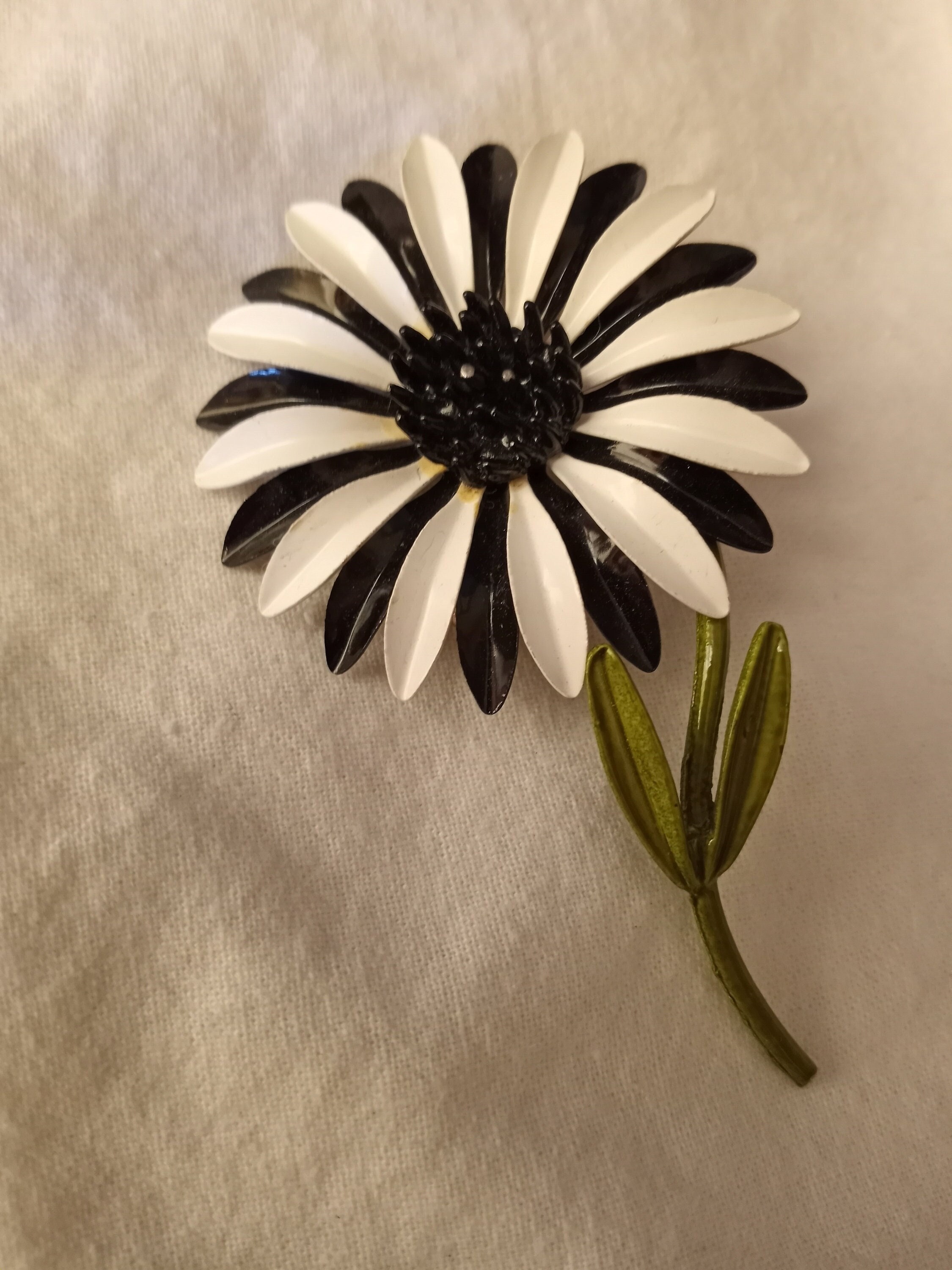 Vintage Flower Power Brooch, Enameled Black and White Petals