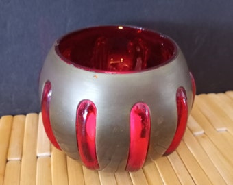 Vtg Caged Red Orange Glass in Brass Round Votive Candle Holder or Tealight Holder, Made in India, 1980s