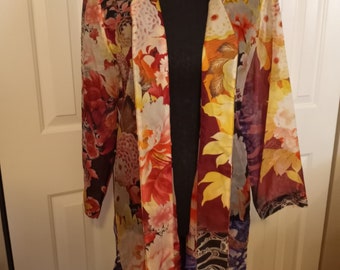 Vtg Chico's 100% Silk, Chinese Design on Black Background, Open Tunic Over-Blouse, 1990s