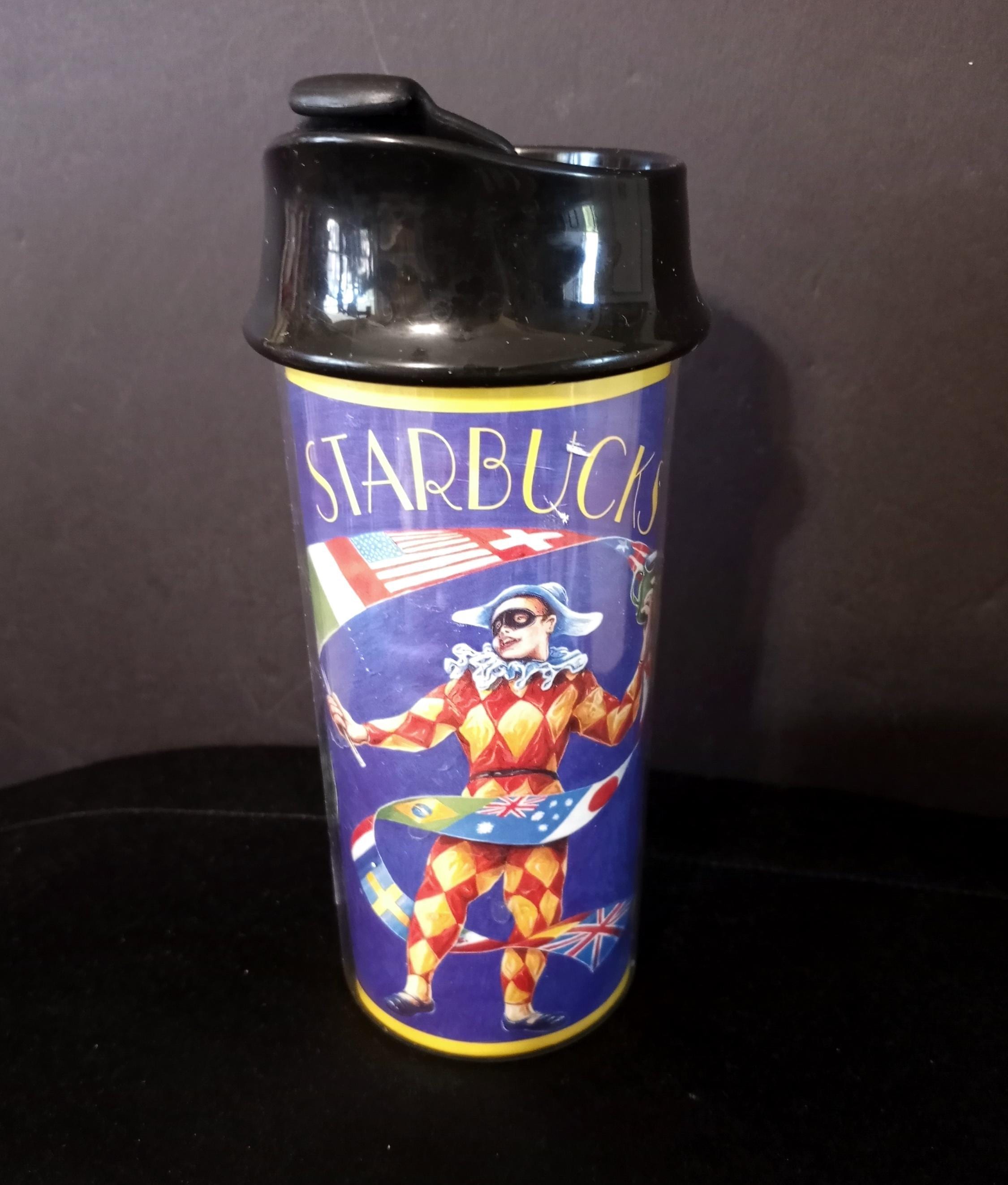 Vtg Starbucks Coffee 1999 Juggling Jester Plastic 7.3" Coffee Travel Tumbler, Insulated Travel Mug, Original Starbucks Collector Merch 1990s