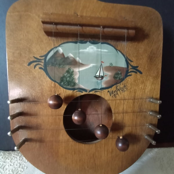 Van Klein Handmade Handpainted Kentucky Appalachian Wood Door Harp, Signed and Dated by Artist Van Klein, Sailboat on Water Scene, 1989