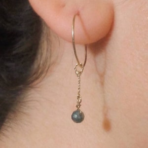 Small hoops gem dangle earrings for women, elegant dainty gem crystal jewelry, gray tourmaline gemstone earrings for her, 14k gold filled