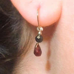 Handmade huggie hoop earrings with minimalist genuine red garnet gemstone drop and natural tourmaline stone dangle charms in gold filled