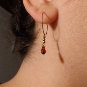minimalist small hoops gem dangle earrings for women, elegant dainty crystal jewelry, red garnet drop, plated hematite and 14k gold filled