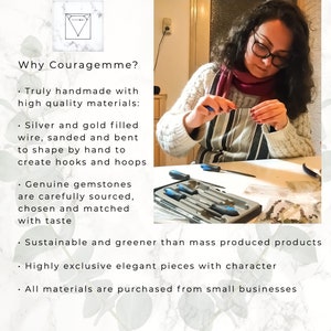 May include: A woman is working on jewelry, using silver and gold filled wire, gemstones, and tools. The text "Why Couragemme?" is written on the left side of the image. The text describes the jewelry as handmade with high quality materials, sustainable, and exclusive.