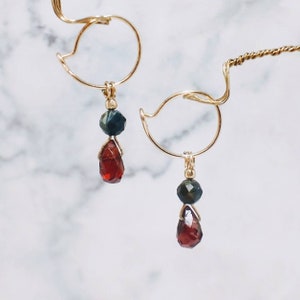 Real 14k Goldfilled Gemstone Dangle Earrings made with real Garnet and Tourmaline,Gemstone Bead Earrings, Dainty Everyday Hoops,Gift for Her