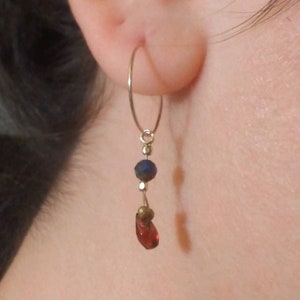 small hoop earrings, gem dangle earrings, crystal jewelry, 14k yellow gold filled, garnet and tourmaline gemstones,