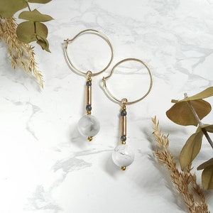 Gemstone dangle charm earrings with white gray marble look howlite and plated hematite stones on 14k gold filled hoops, handmade jewelry