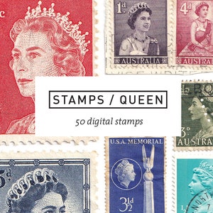 50 sellos postales vintage de la Reina Isabel II - descarga digital imprimible - efímera collage ensamblaje arte basura diario scrapbooking - 11 2