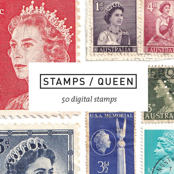 50 vintage Queen Elizabeth II postage stamps - digital download printable - ephemera collage assemblage art junk journal scrapbooking - 11 2