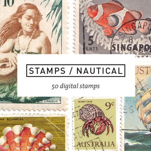 50 sellos postales náuticos vintage - descarga digital imprimible - efímera collage ensamblaje arte revista basura scrapbooking conchas peces
