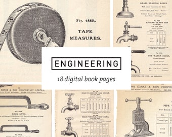 18 vintage engineering book pages - digital download printable - ephemera collage junk journal scrapbooking print - plumbing tools machines