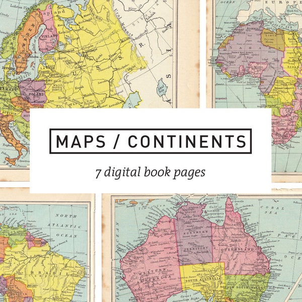 7 vintage maps - Continents - digital download printable - ephemera collage assemblage art junk journal scrapbooking - Europe Asia Australia