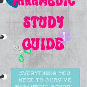 Könnte beinhalten: Ein Studienführer mit dem Titel "PARAMEDIC STUDY GUIDE" in leuchtend rosa Schrift, mit einer blauen Herzgrafik, grünen Scheren und einem hellblauen Banner mit der Aufschrift "ALLES, WAS SIE BRAUCHEN, UM DIE RETTUNGSSCHULE ZU ÜBERLEBEN". Eine Krankenwagen-Grafik befindet sich unten rechts.