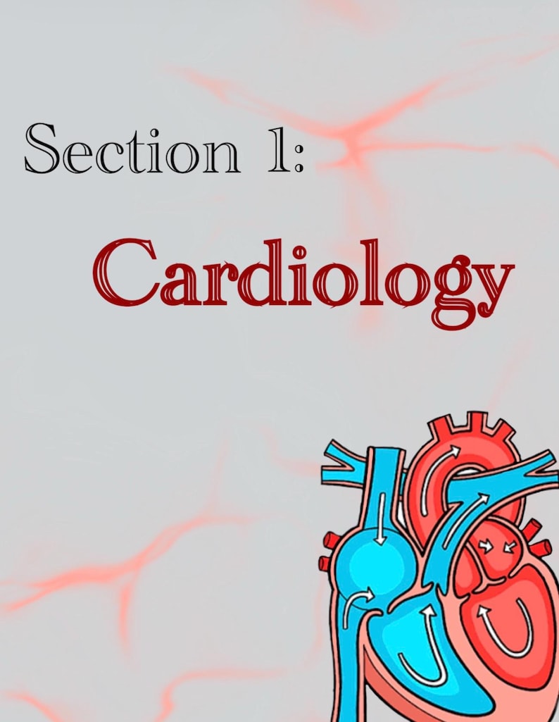Może przedstawiać: Obraz z tekstem "Section 1: Cardiology" w kolorze czarnym i czerwonym. Szczeg&oacute;łowa ilustracja serca w kolorze czerwonym, niebieskim i białym znajduje się w prawym dolnym rogu. Tło jest jasnoszare z czerwonymi abstrakcyjnymi kształtami.