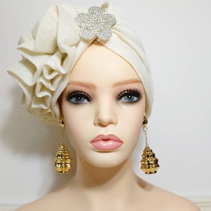 Ruffled Pre Tied Women Turban, Fashion Head Scarf, Pretied Head Wrap, Chemo Hat, Turban Hair Loss Cover