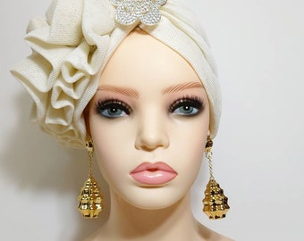 Ruffled Pre Tied Women Turban, Fashion Head Scarf, Pretied Head Wrap, Chemo Hat, Turban Hair Loss Cover