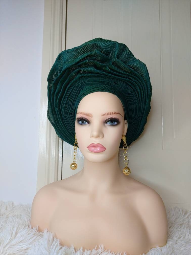 Green Auto Gele, Aso Oke Headtie, Gele, Aso-oke Fabric 