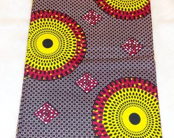 Tela de cera de poliéster y algodón Ankara con estampado africano rojo y amarillo de 6 yardas