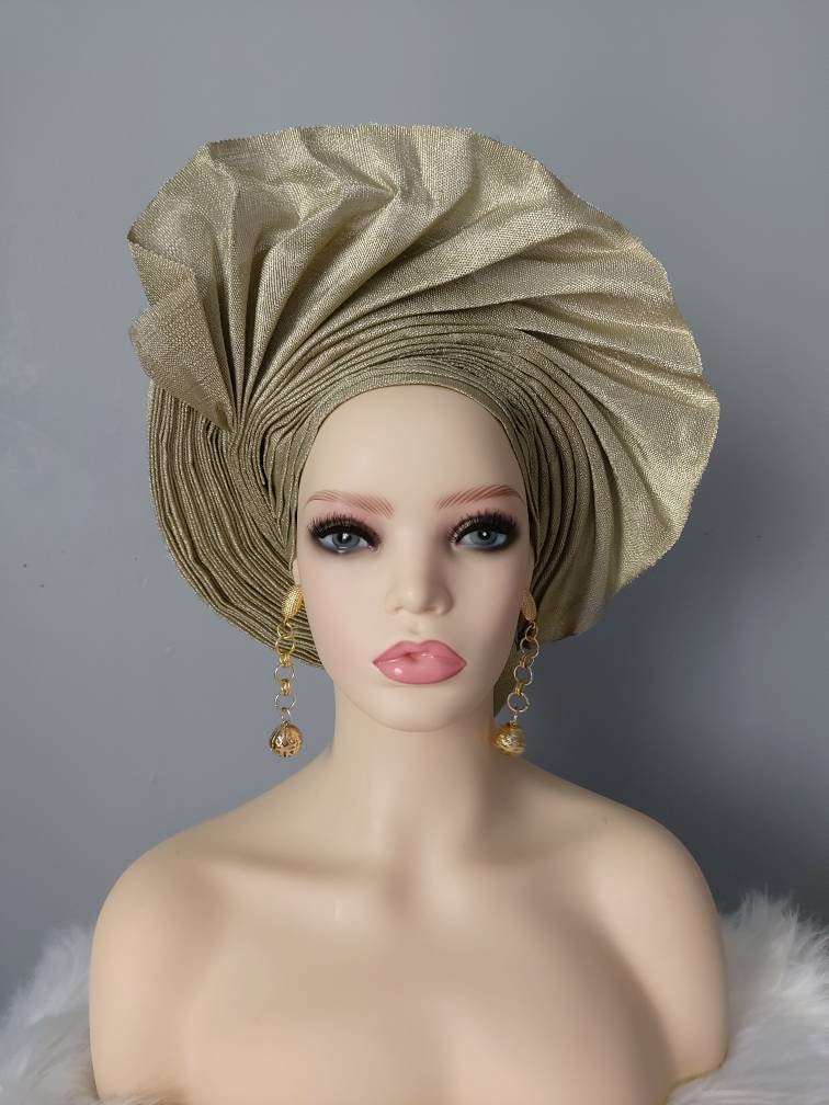 Aso Oke Auto Gele, Pre Tied Wedding Gele, Turban Headwrap, Ready Made AutoGele, Aso-Oke Gele