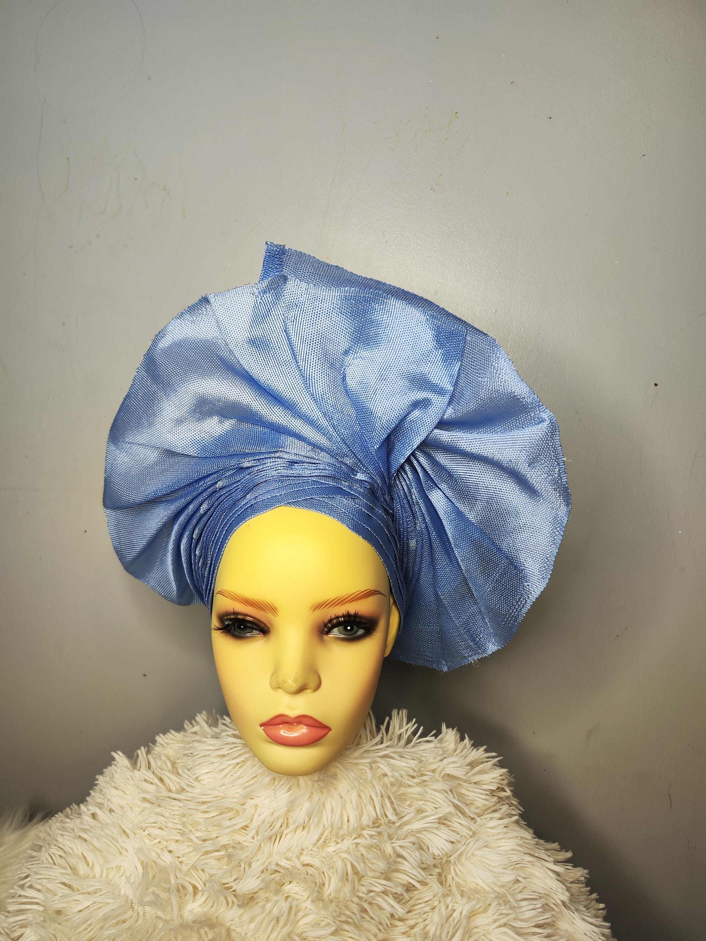 Aso-Oke African Headtie Auto Gele, Navy Blue Stoned Ready Made Gele Fabric African Head Wrap Auto Gele Handmade Aso Oke Headtie  main image 3