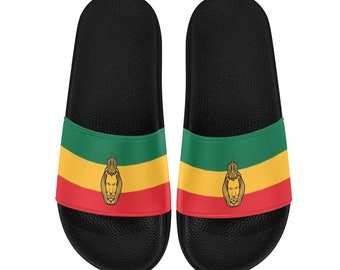 Lion of Judah Sandals| Rasta Lion Flag Sliders| Rastafari Flag Slides| Rasta Footwear Gift| Carnival Beach Holiday| Open Toe Sandals