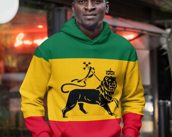 Lion of Judah with Staff Hoodie| Mens Rasta Hoodie| Rasta Man Clothing| Lion of Judah Sweatshirt| Rasta Colours Hoodie|