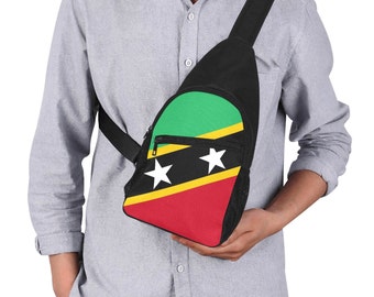 St Kitts & Nevis Flag Chest Bag| Sling Crossbody Shoulder Bag| Ideal for Travel Carnival| Zip Closure| Side Pockets