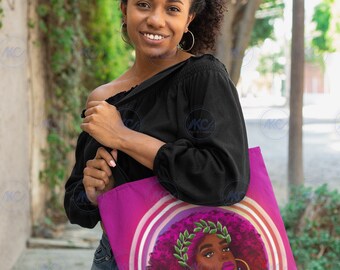 Black Woman Tote Bag| Ombre Afro Hair Woman| Natural Hair Tote Bag| Black Girl Tote Bag| Pink Tote Bag