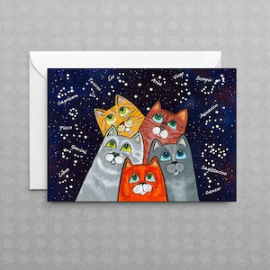 Stargazing Cats - Counting Stars | Whimsical Astrology Cats | Non Occasion Card | Blank Greeting Card