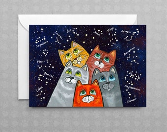 Stargazing Cats - Counting Stars | Whimsical Astrology Cats | Non Occasion Card | Blank Greeting Card