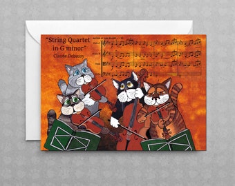 Classical Cats - String Quartet - Claude Debussy  | Non Occasion Card | Blank Greeting Card