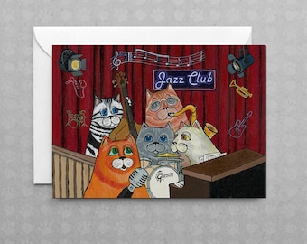 Jazzy Cats – My Baby Just Cares for Me | Whimsical Cat Musicians in Jazz Club | Non Occasion Card | Blank Greeting Card