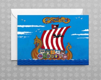 Viking Cats - FURocious Tribe | Whimsical Viking Cats Sailing in a Longboat | Non Occasion Card | Blank Card