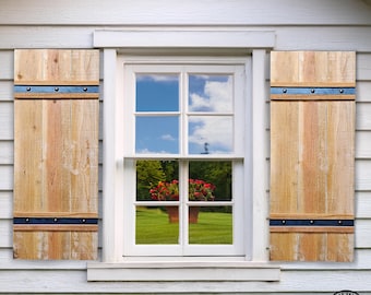 Cedar Home Shutters, Rustic Exterior Shutters with Metal Strap (Pair)