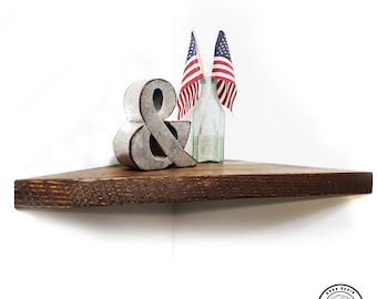 Walnut Stained Floating Corner Shelf Shelf Circular Sawn Thick Shelves Floating Shelves Rustic Satin Clear Coat 16 13 10 Sides Easy Install