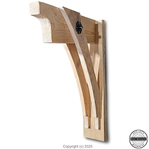 May include: A wooden corbel in natural tones, featuring a curved support design. The corbel has a decorative, carved edge and is attached with a black metal fastener. The design includes a vertical back piece and two curved support beams.
