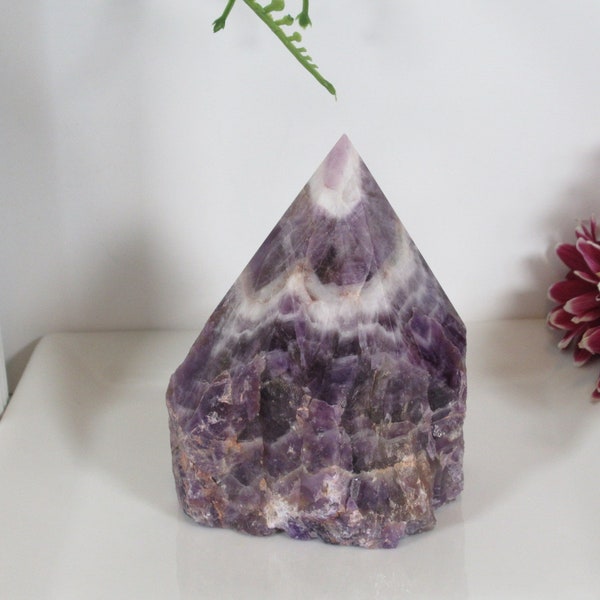 3.5" Chevron Amethyst Quartz Tower Top Polished Amethyst Large Crystal Point 89mm 386g