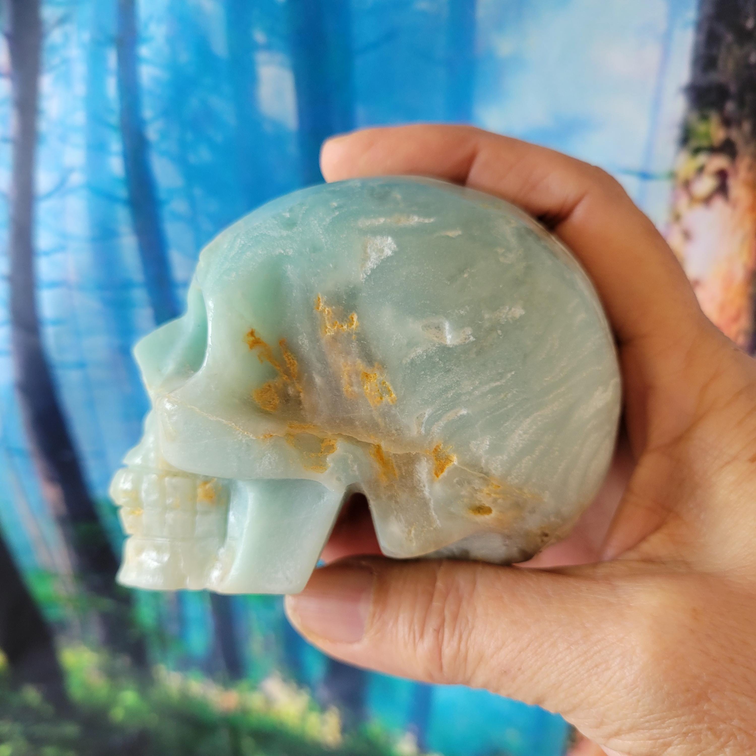 3.6インチ カリブ海方解石彫刻水晶スカル、アマゾナイト彫刻水晶スカル