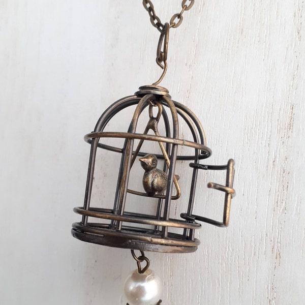 Brass Metal Birdcage Pendant Necklace With Working Swing And Cage Door 2.25" 29g